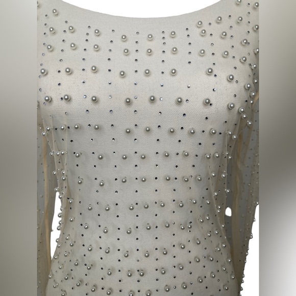 FASHION CLASSIC COLLECTION Nude Sheer Mesh See Through Pearl Diamond Crop Top, L - Picture 16 of 16